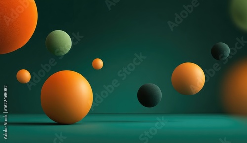 Abstract background with floating spheres in orange, green, and black