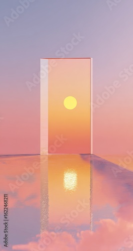Abstract rectangular portal, sunset reflected, pastel colors