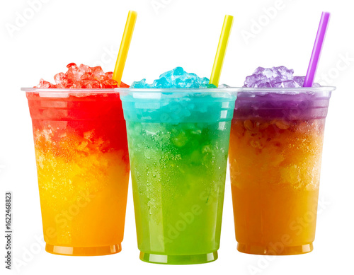 Colorful Rainbow Slushies in Clear Cups with Straws on White Background