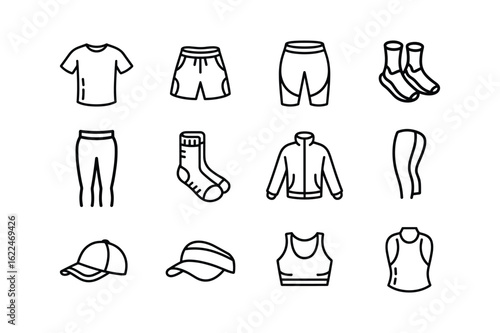 Line art collection of athletic apparel and accessories t-shirt shorts