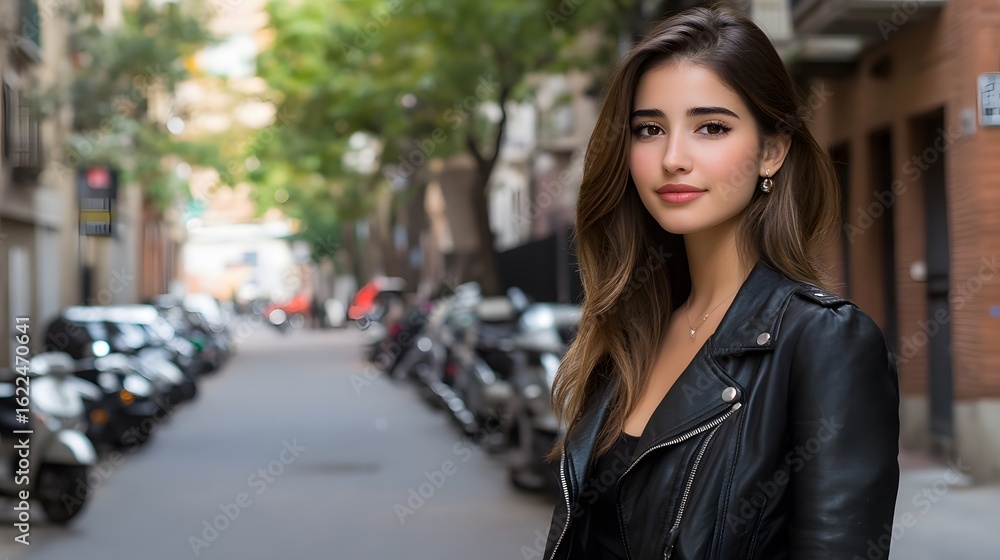 Fototapeta premium Stylish Woman in Leather Jacket City Street Portrait