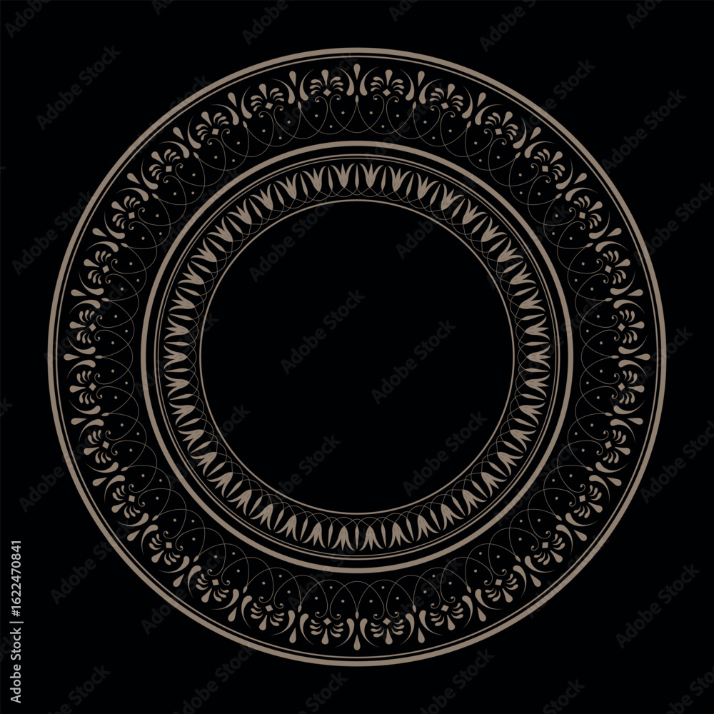Naklejka premium Round gold floral european pattern plate. Ethnic circle ornament of Ancient Greece, Roman Empire. Pattern frame for round surfaces, invitations, textiles, engraving, embroidery, porcelain