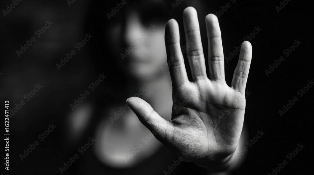Fototapeta premium A person stands defiantly in a dark environment, raising their hand to signal a boundary while conveying a powerful message against harassment. The focus is on their determined expression