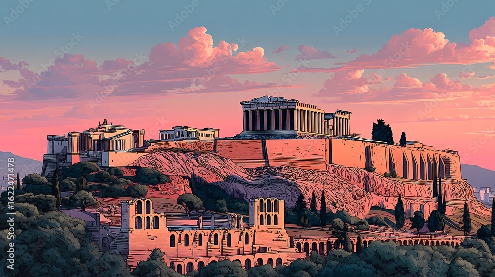 Fototapeta premium Stunning cityscape of athens with a dreamy pink sky during a breathtaking sunset view