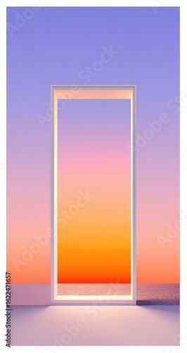 A white frame opens to a vibrant sunset