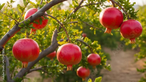 Ripe Red Pomegranates on Branches with Green Leaves in Sunlight Fresh Organic Fruit Pomegranate Tree in a Sunny Orchard Agriculture