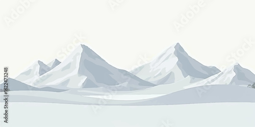 Winter mountain landscape with snow-covered peaks and a floating iceberg