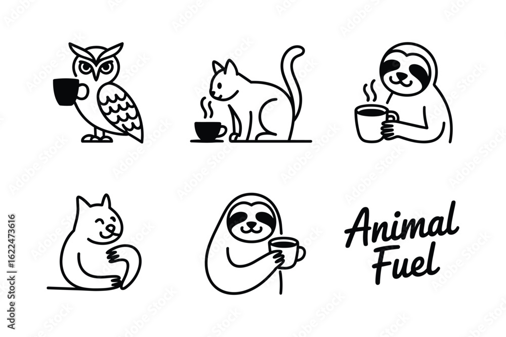 Fototapeta premium Owl cat sloth drinking coffee beverage vector