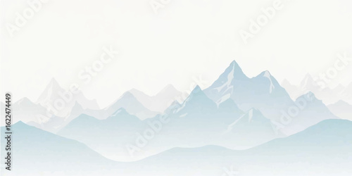 Misty mountain peaks pierce the sky, creating a serene and captivating landscape with a morning fog rolling through the valley