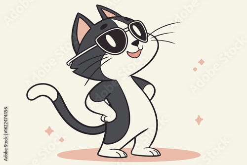 Cartoon black and white cat character confidently wears sunglasses, standing with a smile