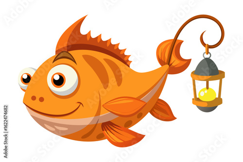 A humorous and colorful cartoon illustration of an anglerfish with a glowing lure, large eyes, and a wide mouth full of sharp teeth.