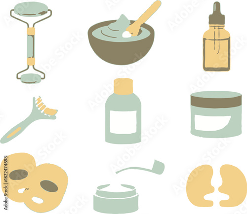 Skincare Products Set with Jade Roller, Mask, and Cream on White Background