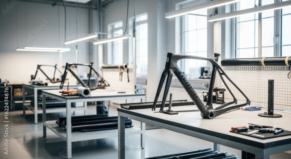 Obraz premium Modern layup room bathed in bright light highlighting partially constructed carbon bicycle frames on workbenches.