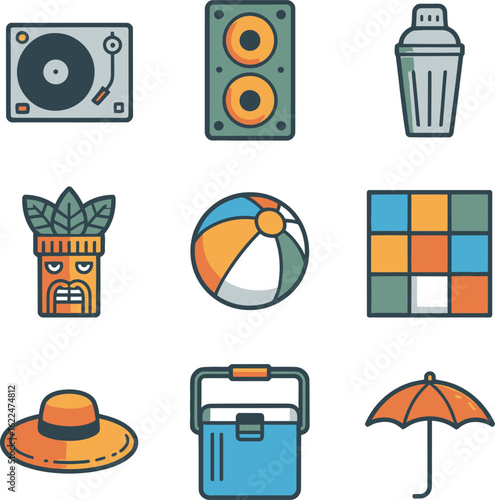 Summer Essentials Collection Flat Icons Turntable, Speaker, Cocktail Shaker, Ball