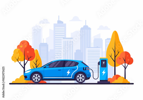 Clean flat vector illustration of aan electric car charging at a charging station in a green city landscape. Emphasizes eco-friendly transportation and sustainable urban living in autumn season