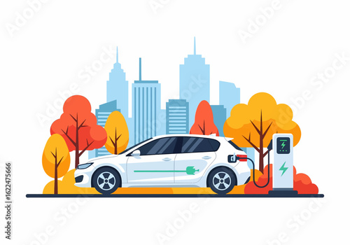 Clean flat vector illustration of aan electric car charging at a charging station in a green city landscape. Emphasizes eco-friendly transportation and sustainable urban living in autumn season