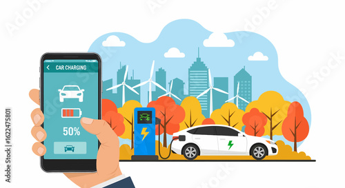 flat illustration of an electric car charging at a city charging station with a hand holding a smartphone smart application showing the battery percentage. The background features autumn trees