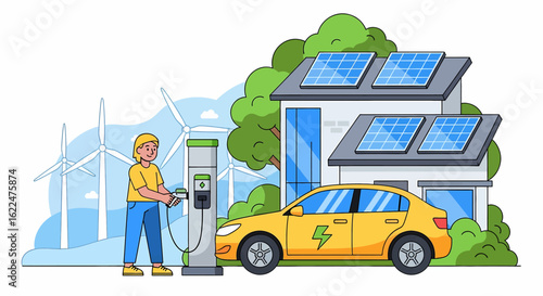 flat illustration of a man charging an electric car at a home charging station powered by solar panels on the roof, with wind turbines in the background, promoting sustainable living