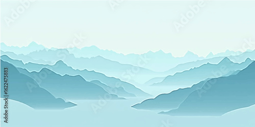 Sunrise illuminates a winter mountain landscape, with misty clouds hovering over snow-capped peaks and forested hills
