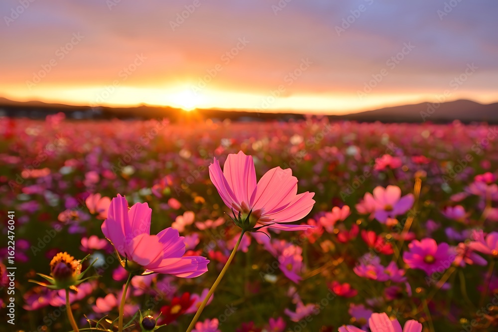 Obraz premium Vibrant pink cosmos flowers bloom in golden sunset light