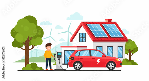 flat illustration of a man charging an electric car at a home charging station powered by solar panels on the roof, with wind turbines in the background, promoting sustainable living