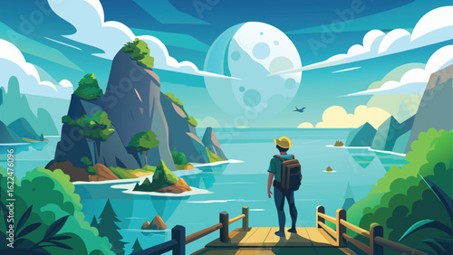 Adventurer gazes at a giant moon over a serene coastal landscape