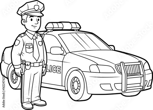 Policer officer with sedan police car