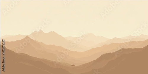 Morning mountain landscape with fog clouds and distant hills view