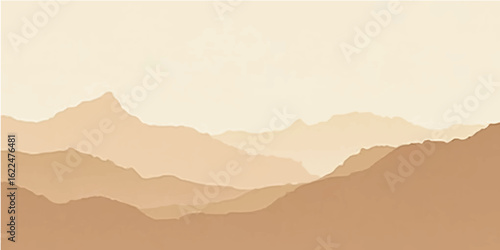 Vintage old paper background with textured mountain landscape at sunrise sky and misty hills view