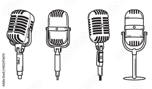 Four detailed line art illustrations of vintage classic microphones in black and white