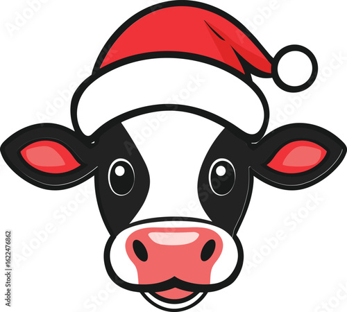 Festive cow wearing Santa hat, perfect for holiday greetings and fun