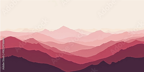 Morning mountain landscape with misty hills forest and distant peaks under soft sky