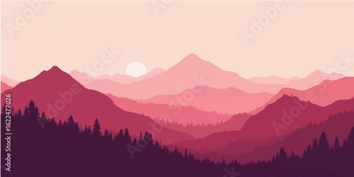 Sunrise in the mountains with misty hills and scenic nature view