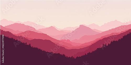 Sunrise over misty mountain landscape with hills and forest view
