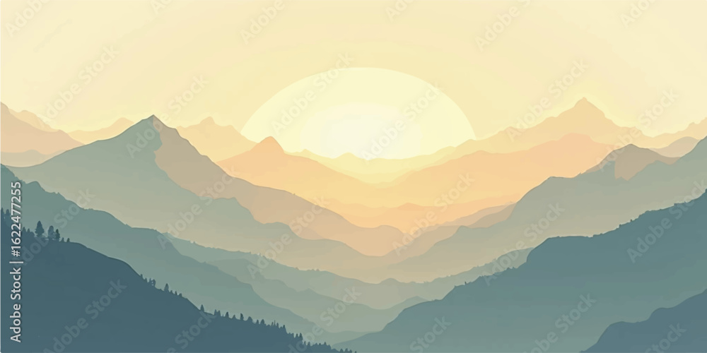 Obraz premium Sunrise over misty mountains with foggy hills and morning light