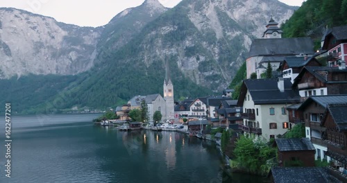 Scenic Lakeside Village with Mountains at Dusk in Austria, Hallstatt