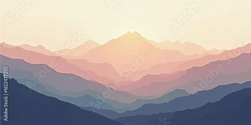 Morning foggy mountain landscape with sunrise over misty hills and forest view