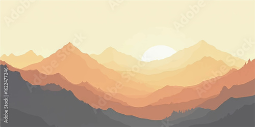 Morning sunrise over misty mountains with hills, forest, and scenic valley view