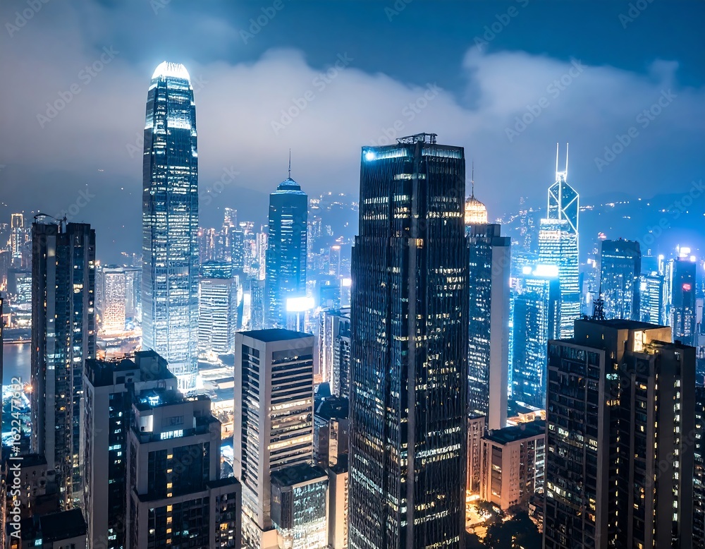 Obraz premium Hong Kong's stunning skyline illuminated at night creating a mesmerizing urban view