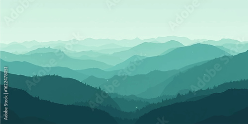 Serene Aqua and Blue Ridge Hills in Minimal Misty Landscape Background