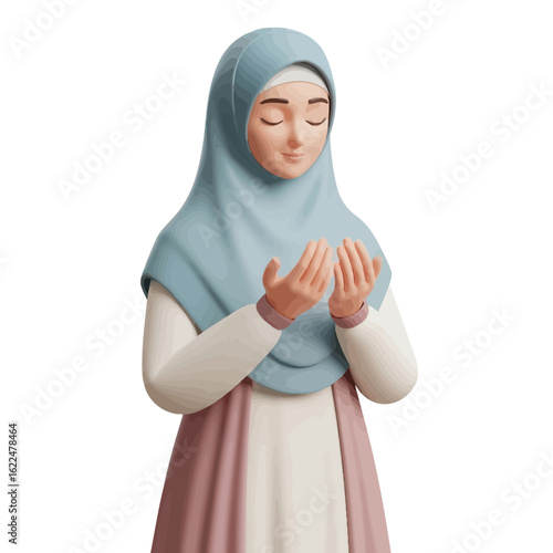 3D illustration of a Muslim woman in prayer, serene and devout.