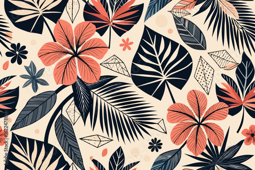 Hawaiian aloha hibiscus flower Seamless pattern.graphic, hawaii, hawaiian, print, silhouette, jungle, textile, abstract, element, fabric, illustration, palm, repeat, retro, tropical, vintage, 