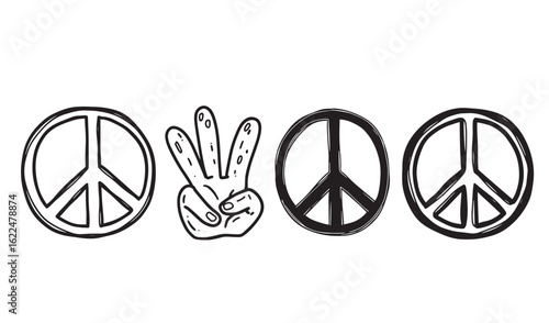 Hand drawn illustrations of peace signs and a hand gesture with a white background