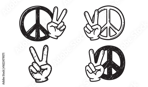 Hand drawn vector illustrations of peace signs and victory hand gestures for various designs