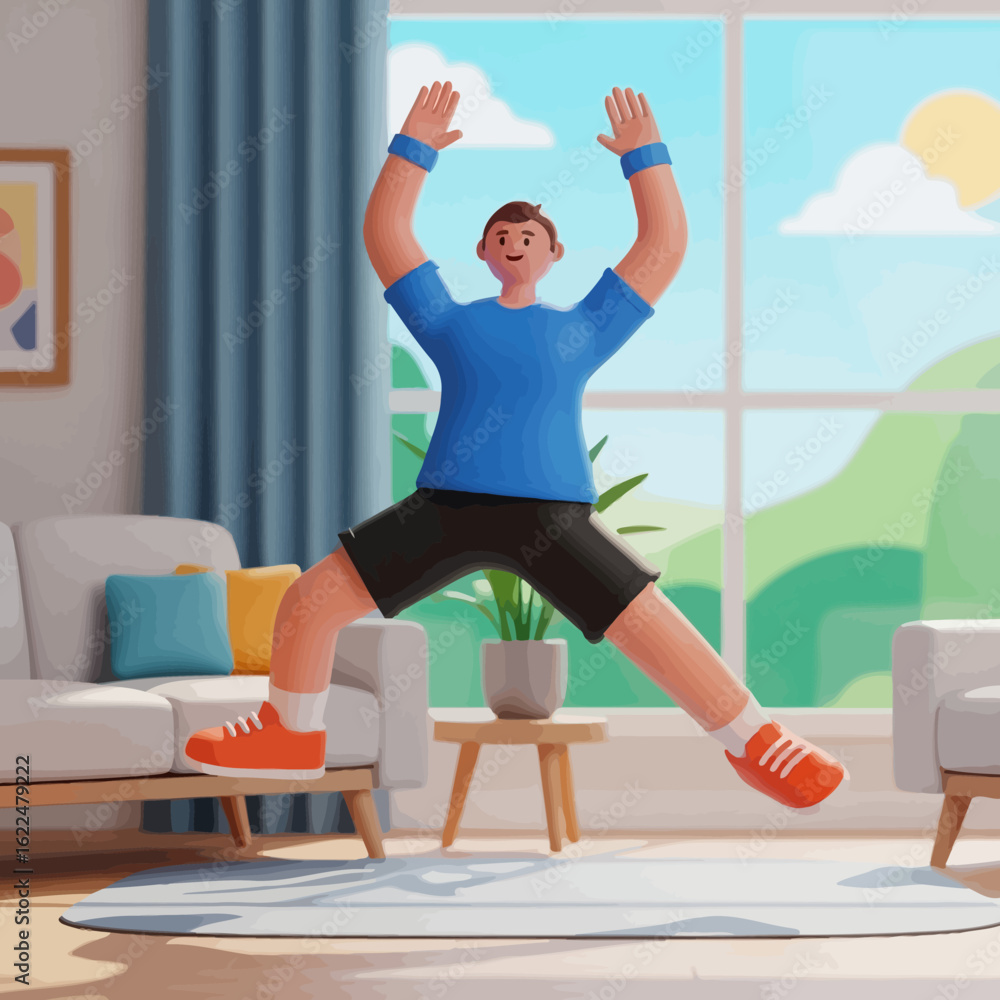 Fototapeta premium Cartoon character in vibrant clothing doing a jumping exercise in a home interior.