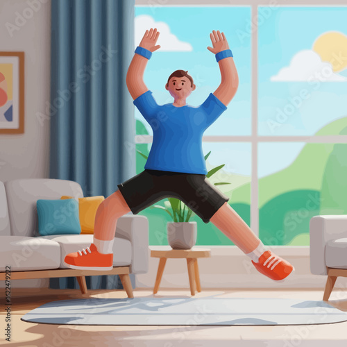 Cartoon character in vibrant clothing doing a jumping exercise in a home interior.