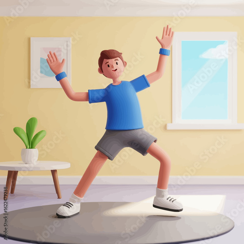 Joyful cartoon boy performs energetic exercise in a bright room.