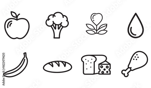 Minimalist black line art food icons representing healthy eating choices