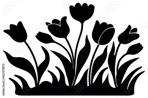 Solid dark tulips bloom above the dense grass silhouettes across the canvas, transparent