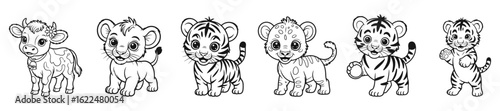 Baby Calf and Big Cat Coloring Pages. Calf, Lion, Tiger, Cub, Cow, Wild,